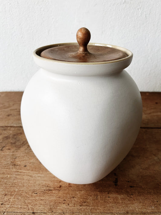 Large Vintage Ceramic Canister with Wood Lid