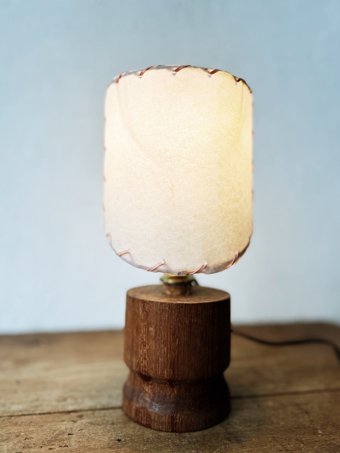 Handmade Wood Lamp with Fiber Shade