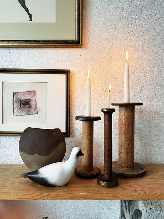 Trio of Antique Wooden Spool Candleholders