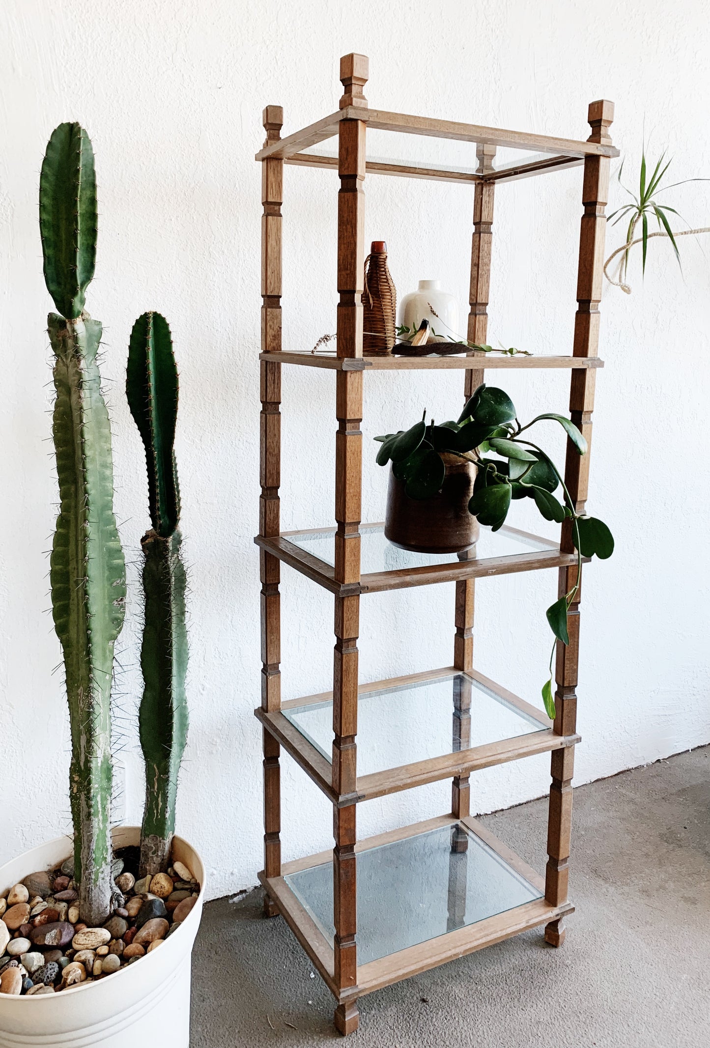 Tall Vintage Wood and Glass Shelf