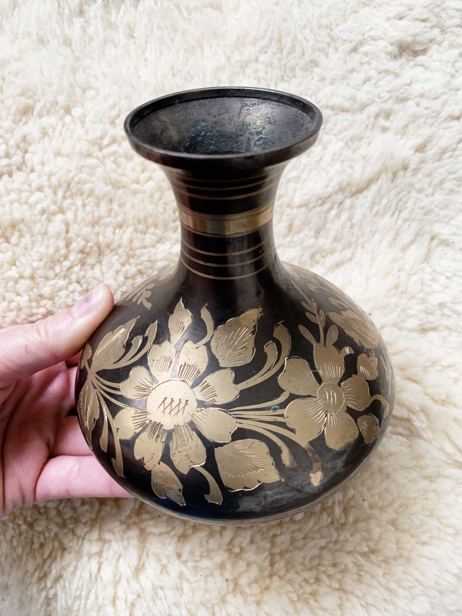 Vintage Etched Brass Vase. Old Ornate Brass Vase Made in India