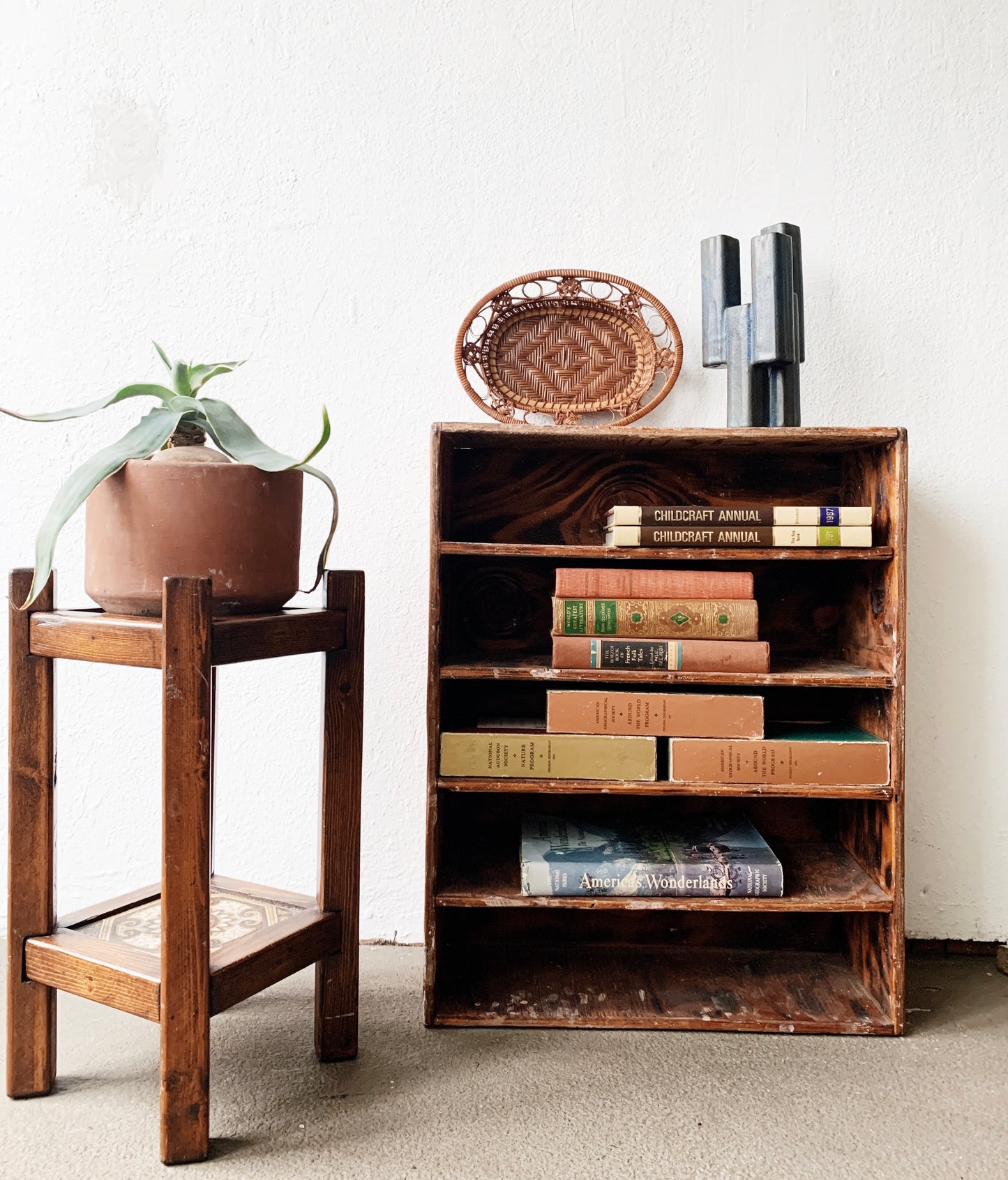 Vintage Tiled Wood Plant Stand