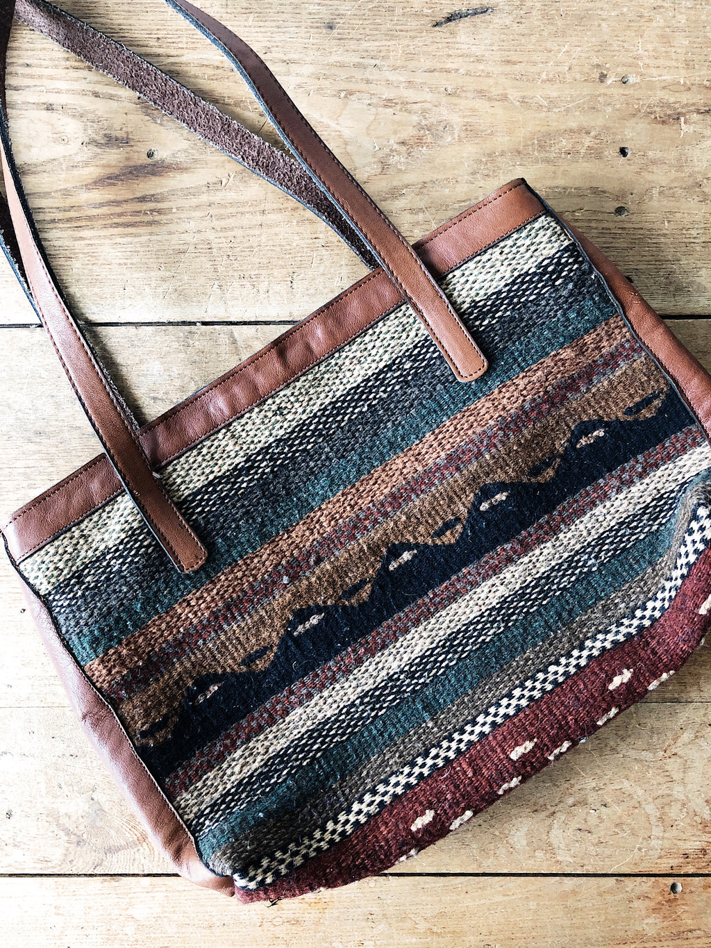 Rainbow Feathered Serpent Chevron with Natural Tan Leather Large  Convertible Day Bag with leather shoulder strap and backpack straps