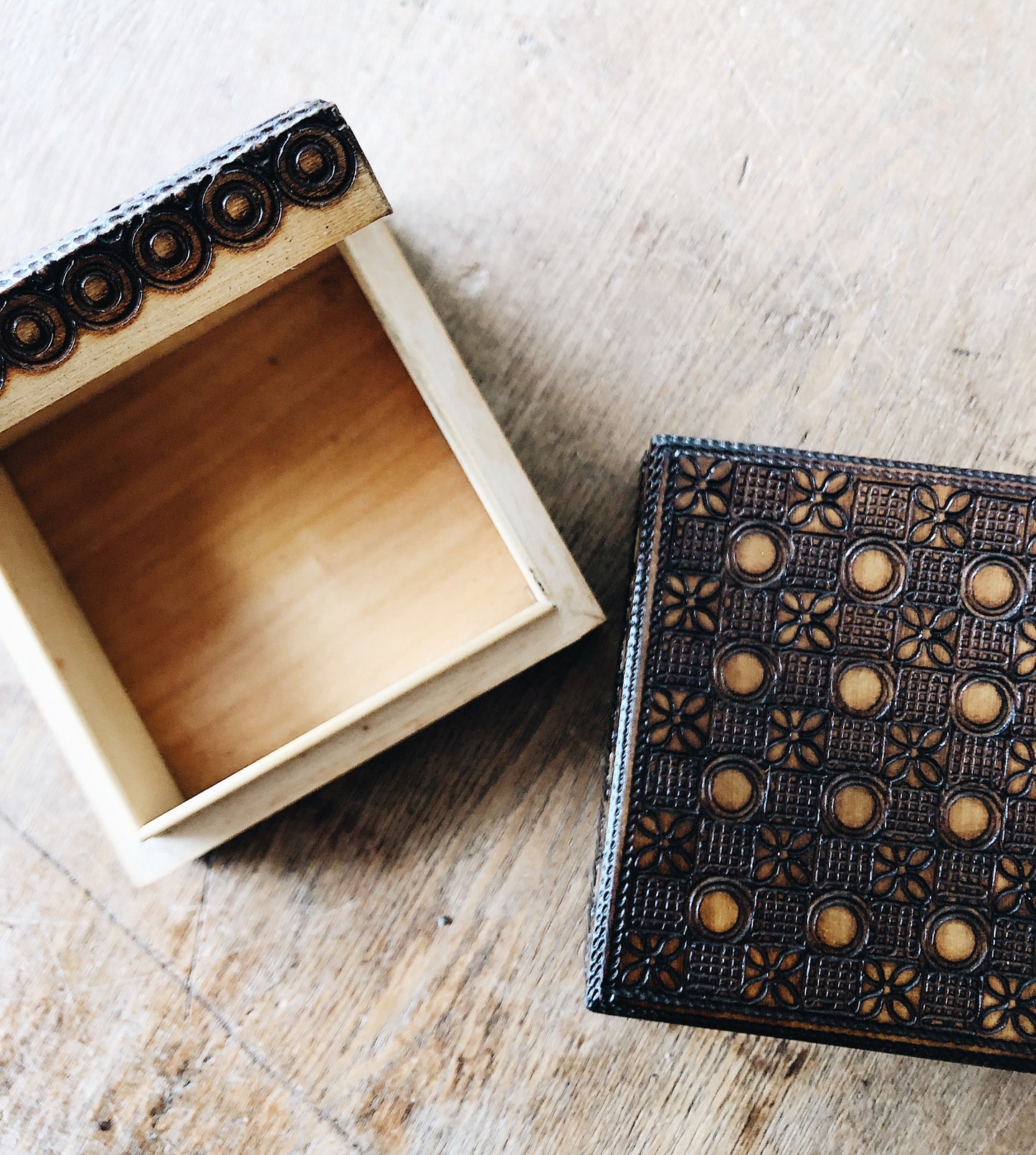 Vintage Folk Woodburned Trinket Box