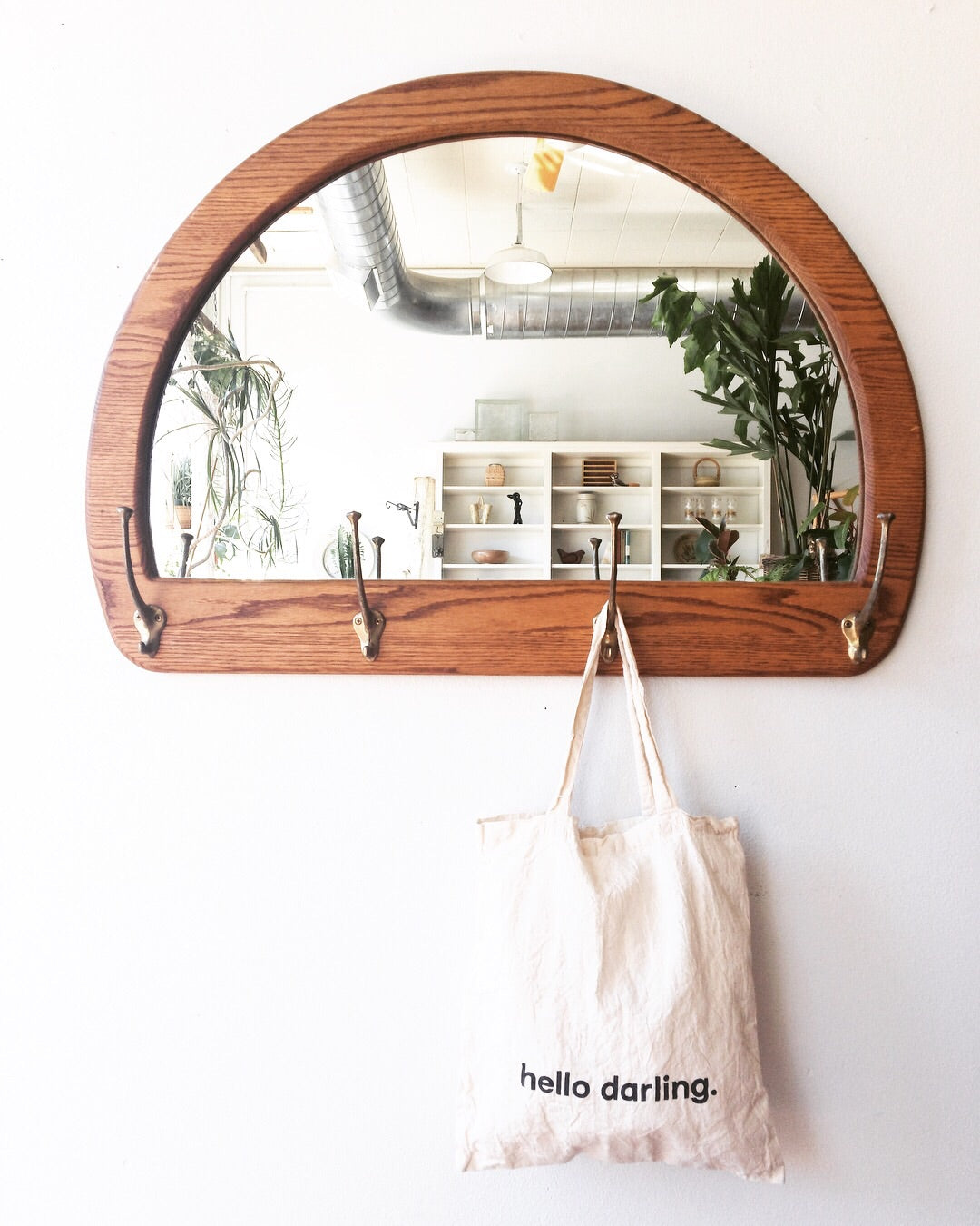 Vintage Arched Mirror with Brass Hooks