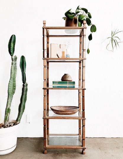 Tall Vintage Wood and Glass Shelf