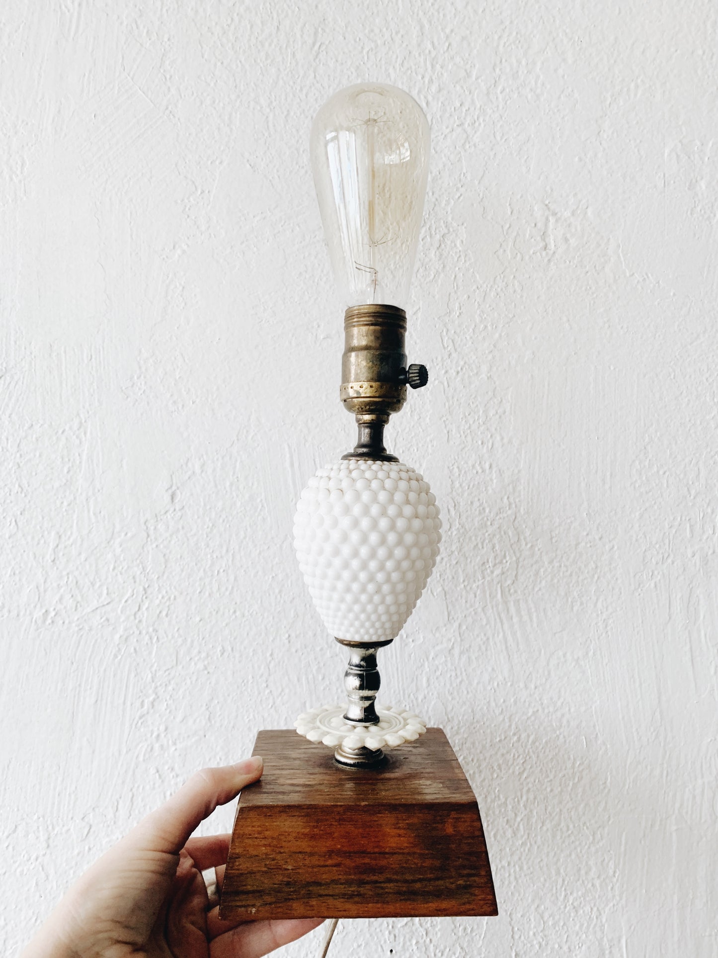 Vintage Milk Glass Wood Base Lamp