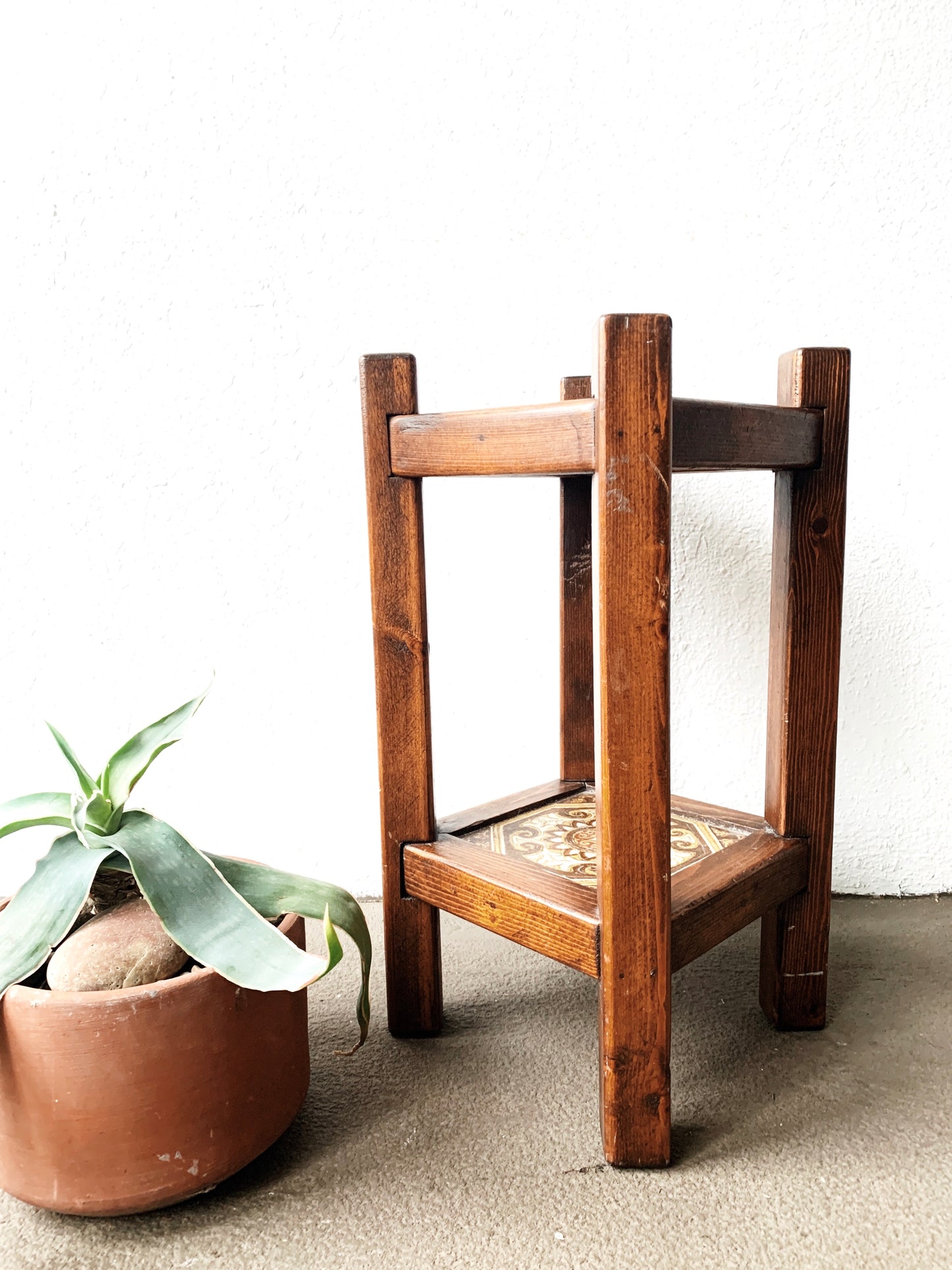 Vintage Tiled Wood Plant Stand