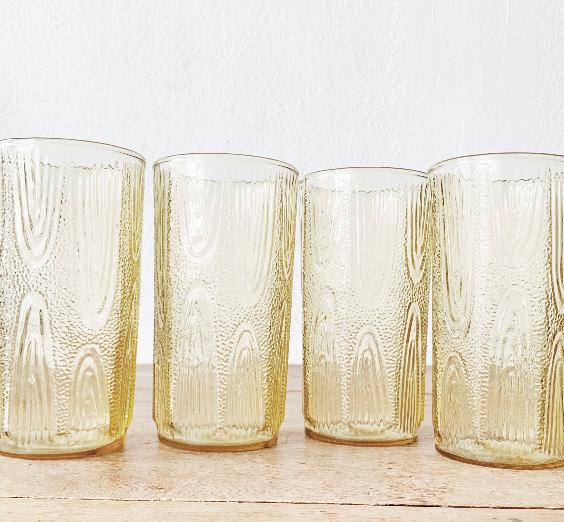 Vintage Glasses Tumblers Amber Yellow Gold Textured Bamboo Mid 